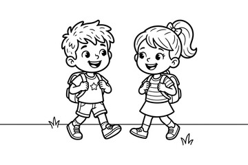 Cute boy and girl walking to school with backpacks, back to school black and white line art vector coloring page illustration