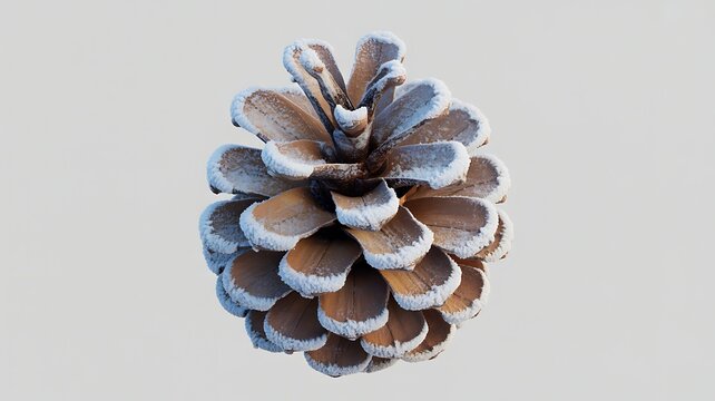 A beautifully textured pinecone, lightly dusted with white frost or snow, stands vertically isolated against a soft, plain background, ready for winter decoration.