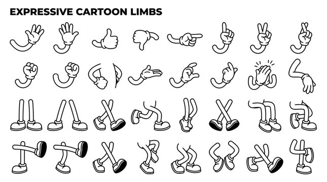Set of expressive cartoon limbs, hands and legs in vintage rubber hose style