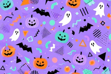 Fototapeta premium Retro Halloween Pattern With Pumpkins Ghosts and Bats on Purple Background halloween background hall