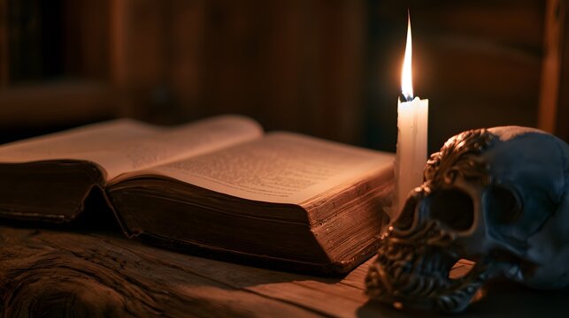 Mysterious antique book illuminates a moody scene of history secrets and forgotten lore