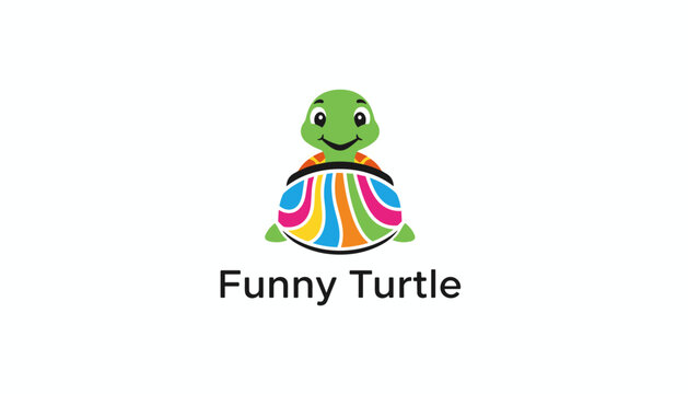 Funny turtle logo design showing a cute smiling green sea turtle with a colorful striped rainbow shell over text.