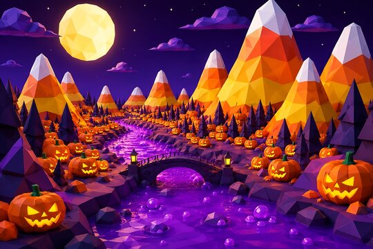 Whimsical Halloween Landscape with Candy Corn Mountains and Pumpkin River halloween background hallo