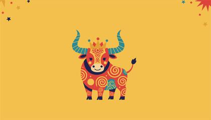 Fototapeta premium Stylized Chinese zodiac ox wearing a small crown on a yellow background decorated with festive stars and sparkles.