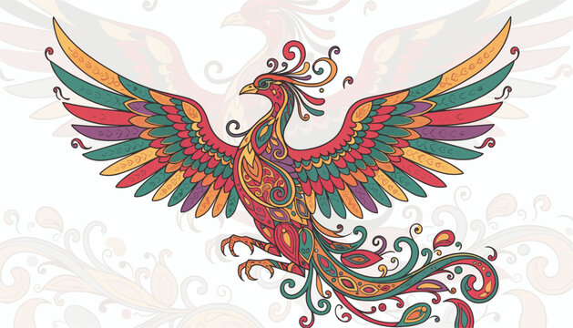 Ornate phoenix bird illustration decorated with highly detailed traditional paisley patterns and vibrant colors.