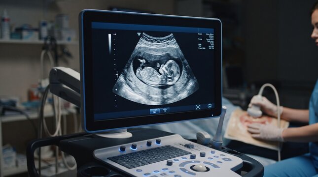 Medical ultrasound screen displaying a fetus during a prenatal checkup in a hospital clinic.
