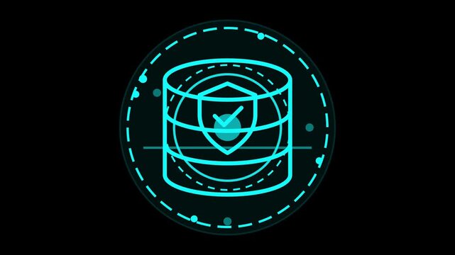 Circular digital data storage with security shield icon in a neon blue outline on a black background, representing secure cloud or database information protection