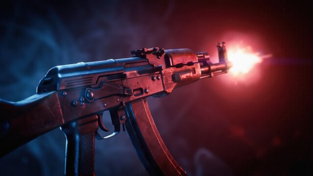 Assault rifle firing with a bright muzzle flash in a dark smoky environment. Ideal for action game themes and cinematic combat concepts.