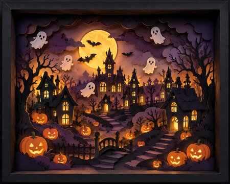 Spooky Halloween Village Scene with Jack-o'-Lanterns and Ghosts halloween background halloween illus