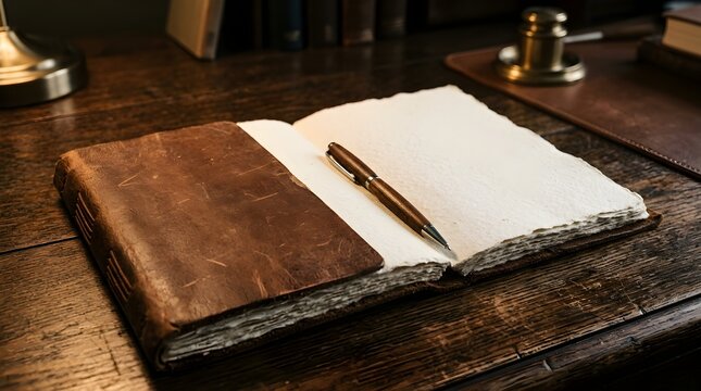 Leather-bound journal open on desk with pen, vintage writing scene