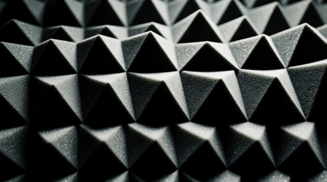 Close-up of grey soundproofing foam panels with repeating pyramid shapes. Light and shadow play across the textured surface, creating a geometric abstract background for audio isolation.