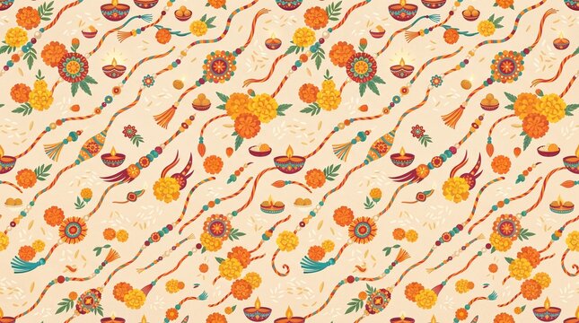 Seamless pattern texture of Raksha Bandhan rakhi threads sweets and puja icons on beige background