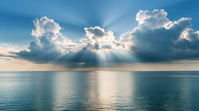 Majestic crepuscular rays breaking through dramatic clouds over calm ocean water, serene sky reflecting sunlight