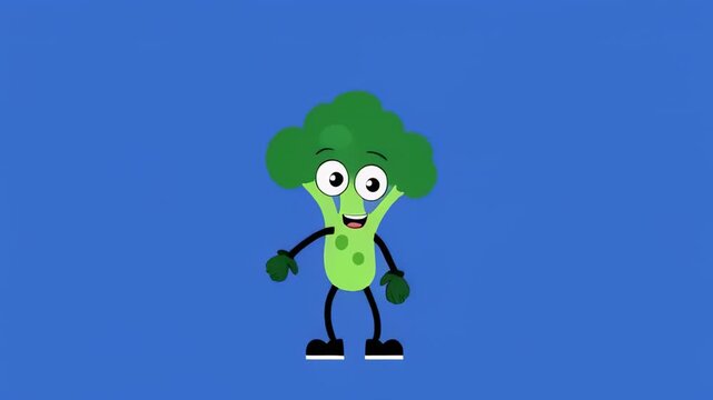 Animated broccoli character dancing joyfully in a clean studio setting with blue background