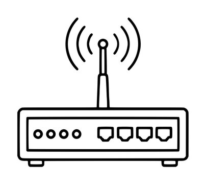 Hand-drawn black outline vector icon illustration of a wireless internet router with an upright antenna emitting signal waves and four ethernet ports on the front panel