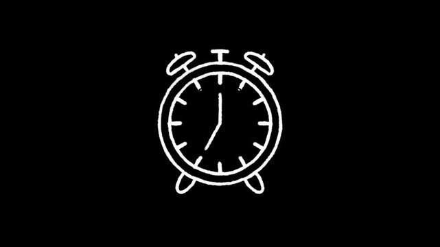 Hand Drawn White Alarm Clock Doodle Animation Seamless Loop on Transparent Background with Alpha Channel