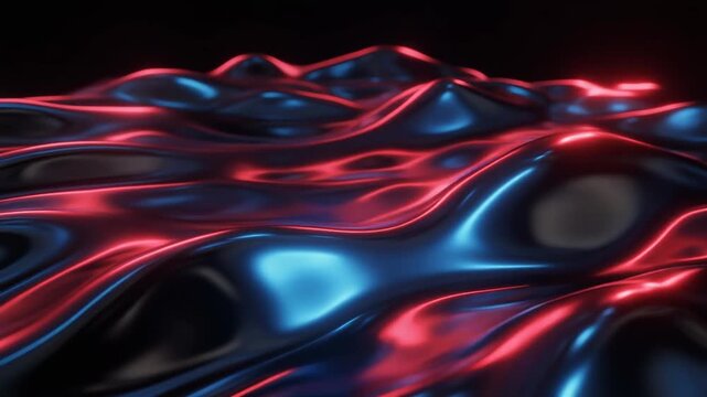 Abstract 3D animation of a continuously undulating liquid metallic surface reflecting red and blue neon light. Perfect futuristic background video loop.