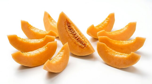 Fresh cantaloupe melon slices arranged on a clean white background