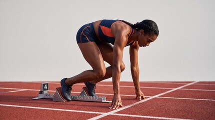 Fototapeta premium Female sprinter in starting position on athletic track, ready to run in race