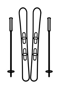 Hand-traced vector icon illustration of a pair of skis with ski poles, minimalist black outline design on white background, winter sports equipment graphic