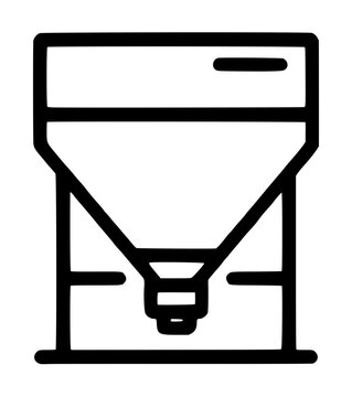Hand-traced black vector line icon depicting a seed hopper machine with inverted funnel container and dispensing nozzle, industrial agricultural equipment symbol illustration with minimalist outlined