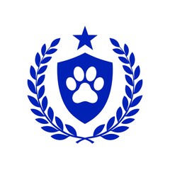 Blue shield icon with pet paw print star and laurel wreath representing animal protection and veterinary care © rejaul