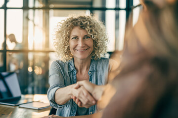 Fototapeta premium Businesswoman handshake client office meeting smiling