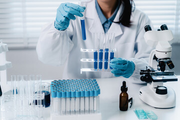 Fototapeta premium Scientists research biochemical solutions in a lab for health care advancements