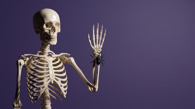Waving human skeleton with spider on hand against orange background, Halloween 3D render