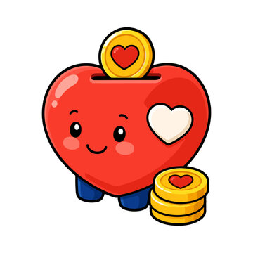 Heart shaped savings bank with coins representing charitable giving financial support and personal savings