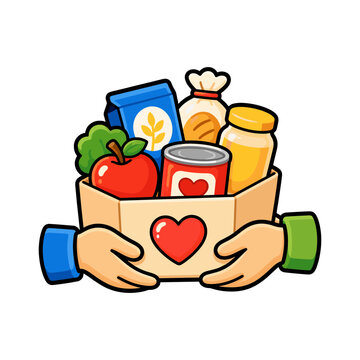 Hands holding a charity donation basket filled with food and gifts for community aid and supportive giving