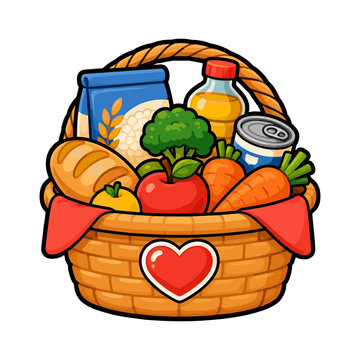 Charity gift basket filled with groceries and food supplies for community giving support and donation relief