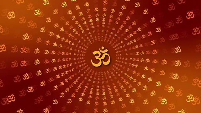 Golden Aum symbols repeat glowing perspective rich saffron, spirituality mantra scenes, Indian culture projects, worship visuals, meditation loops, devotional intros, festive religious backgrounds.
