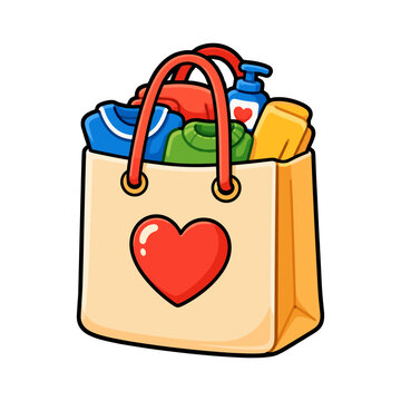 Charity gift bag filled with colorful items and heart symbol for thoughtful giving community support and donation campaigns