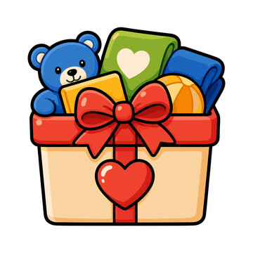 Charity gift box with teddy bear and heart symbol representing generous giving thoughtful support and community care
