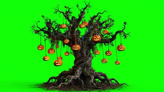 Halloween spooky tree with glowing jack-o-lanterns hanging from branches on a green screen background