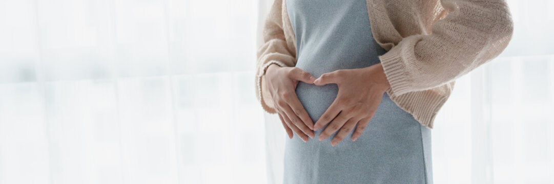 Asian pregnant woman touching her belly at home