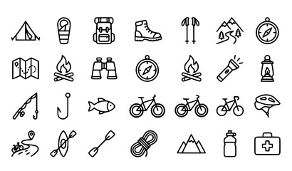 Fototapeta premium Camping and Outdoor Adventure Editable Line Icons Set with Hiking Fishing Mountain Biking and Equipment