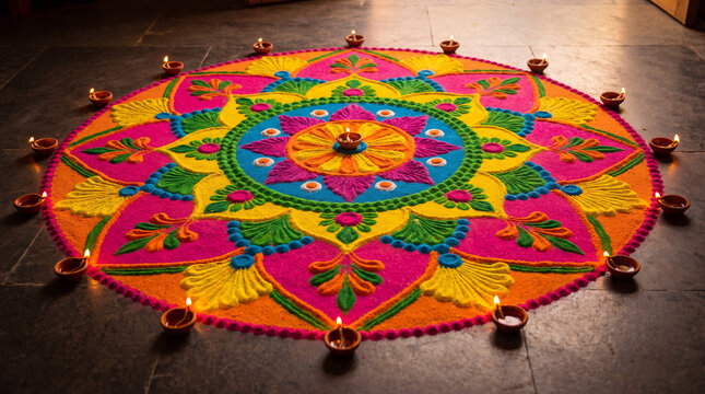 Vibrant Rangoli pattern with central diya lamp on dark floor