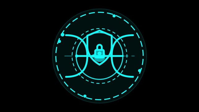 Glowing cyan cybersecurity interface with digital shield and padlock icon on black background showing network protection and data encryption technology