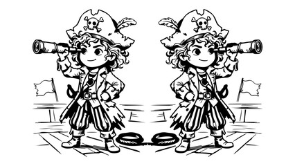 Fototapeta premium Cute cartoon pirate child looking through a telescope on a ship deck line art illustration