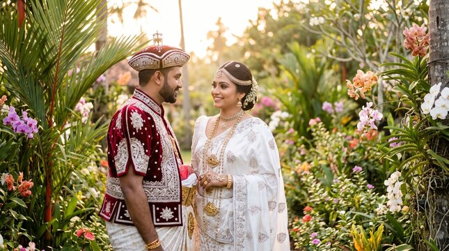 Elegant Sri Lankan bride and groom wearing traditional Kandyan wedding attire standing in a lush tropical orchid garden, Generative AI