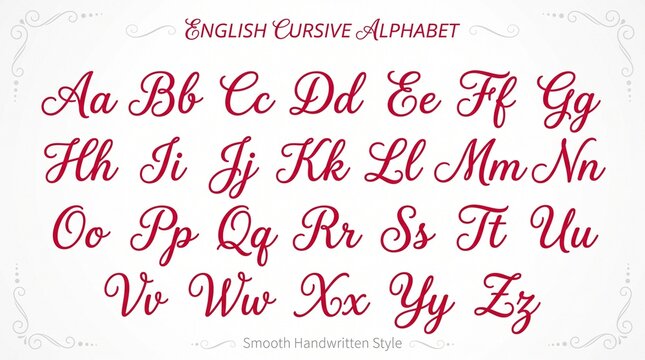 Red cursive alphabet showing uppercase and lowercase English letters in smooth handwritten style for educational or decorative typography.