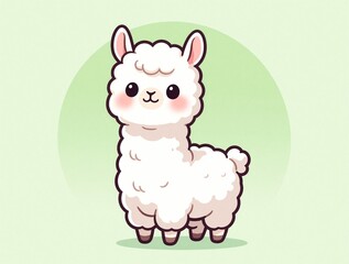 Naklejka premium Cute white llama cartoon character stands on light green background. Adorable fluffy animal with pink cheeks, big eyes in simple flat style. Minimalist digital art for kids design nursery decor with