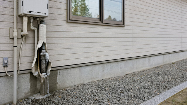 Burst frozen water pipe on a Japanese house wall - insurance claim - copy space