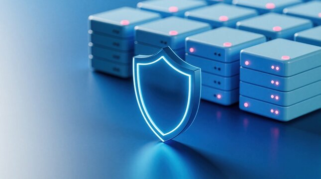 Digital shield emblem floats over stacked data servers. Cyber security concept with glowing blue light and abstract tech background. Safe network protection.