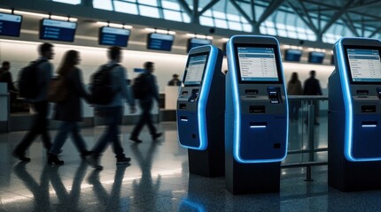Fototapeta premium Modern airport check-in kiosks with glowing blue lights in a busy terminal. Passengers with luggage walk past the automated service screens. Travel technology for boarding departures and arrivals.
