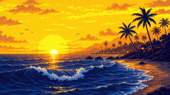 A pixel art sunset over a tropical beach with palm trees, crashing waves, and a glowing sun setting below the horizon.