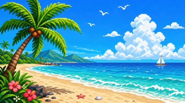 A vibrant pixel art beach scene with palm trees, ocean waves, a sailboat, birds in the sky, and a distant mountain under a bright blue sky with fluffy clouds.