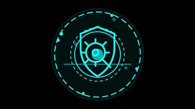 Futuristic 4K 60fps digital interface featuring a glowing neon cyan shield and eye icon for cybersecurity data protection and tech scanning